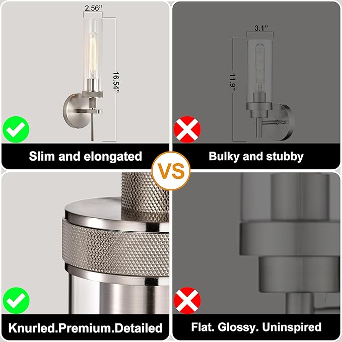 Brushed Nickel Bathroom Vanity Light, Wall Sconces Set of 2 with Knurled Texture, Chrome Silver Wall Lamps with Clear Glass Shade, Modern Industrial Bathroom Lighting Fixtures Over Mirror