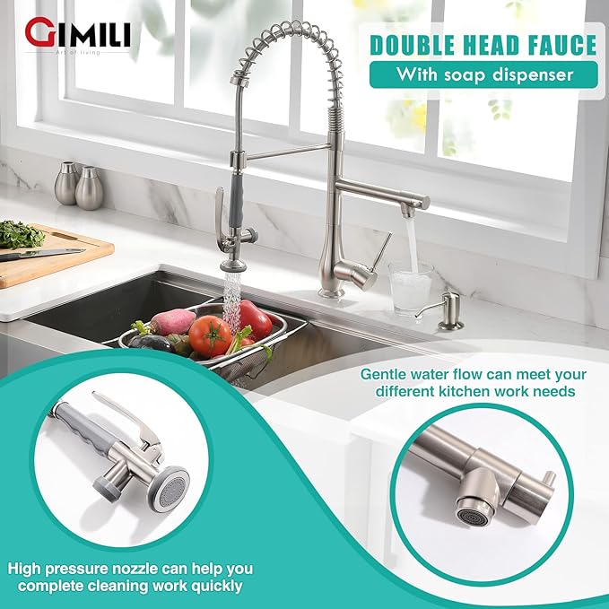 GIMILI Commercial Kitchen Faucet with Pull Down Sprayer, Double Headed Single Handle High Pressure Kitchen Faucet with Soap Dispenser Brushed Nickel