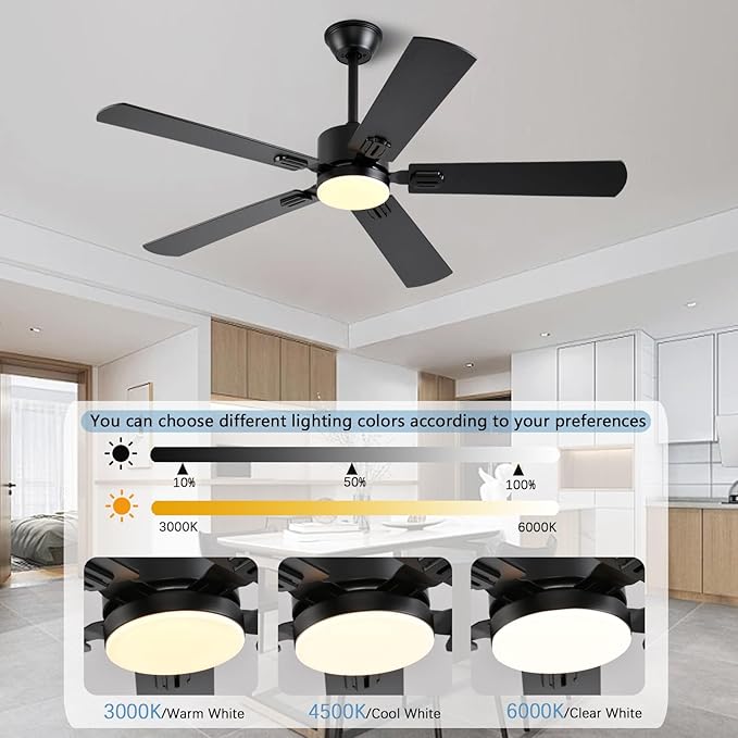 52 inch Modern Ceiling Fans with Lights APP/Remote Control, Low Profile Reversible 6 Speeds Ceiling Fan Light for Indoor/Outdoor Patio Bedroom Living Room,Black