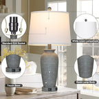 25" Grey Farmhouse Jar Table Lamps, 3 Way Touch Control Rustic Bedside Lamps with USB A+C Ports & AC Outlet, Pot Nightstand Lamps for Bedroom End Table (LED Bulbs Included)