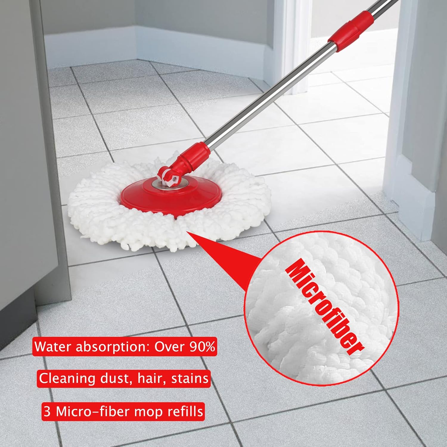 360 Mop and Bucket Set, Spin Mop Bucket with Wringer, Microfiber 3 Mop Replacement Heads, Mops for Floor Cleaning, Mop with Bucket (Red)