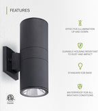 ASD 2 Light Dusk to Dawn Outdoor Wall Light Fixture | 120W E26 Bulb Socket 120V ETL Cylinder Up Down Lights | LED/CFL/Incandescent Bulb Exterior Wall Sconce | Front Door, Porch, Patio | Black, 6 Pack