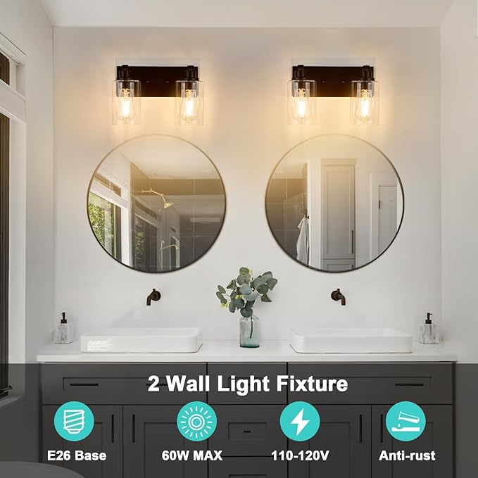 2-Light Bathroom Light Fixtures Modern ORB Vanity Lights for Bathroom Lighting Fixtures Over Mirror with Clear Glass Shade for Cabinet Mirror Bedroom Hallway