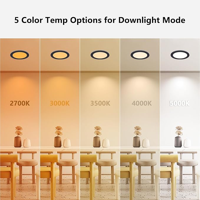 CycevSun 6 Pack Black Recessed Lights 6 Inch with Night Light, Canless Ultra Thin Wafer Downlight Indoor Outdoor Exterior Soffit, Dimmable & 5 Color Selectable, 12W, ETL Listed