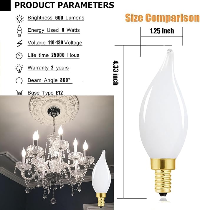 E12 Dimmable Light Bulbs 60 Watt Candelabra Led Bulbs 4000k Daylight Frosted Edison Bulbs 6W for Chandelier Light and Ceiling Fan Light AC120V 600lm b11 led Bulb Torpedo,6Pack