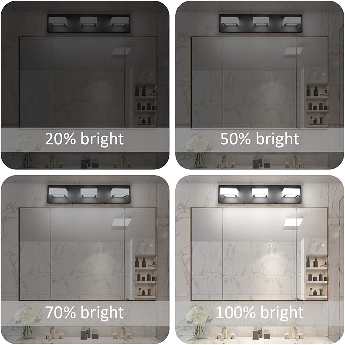 Ralbay 3 Light Dimmable Bathroom Vanity Light LED Modern Matte Black Vanity Wall Light Acrylic Stainless Steel Bathroom Vanity Lighting Fixtures