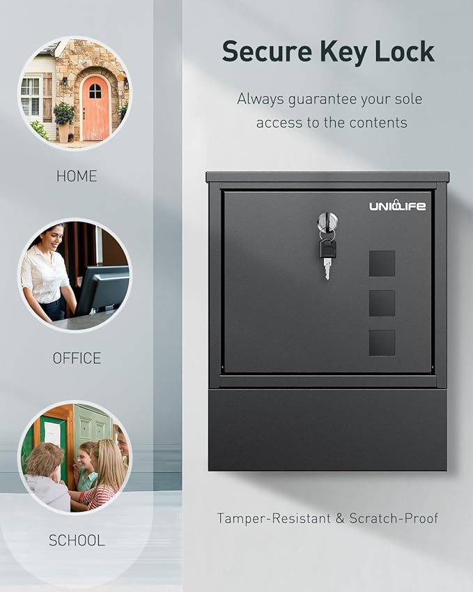 Uniclife Wall Mount Mailbox, Mailboxes for Outside, Large Modern Mail Box with Key Lock, Security Locking Drop Box for Newspaper House Office Outdoor, Black