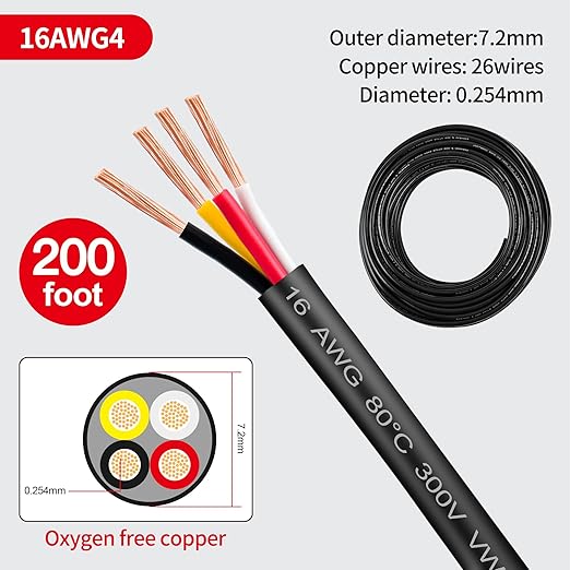 16 Gauge Wire 4 Conductor,16 AWG Electrical Wire Stranded PVC Cord Oxygen-Free Copper Cable,200FT 4 Core Pure Copper Flexible Cable Wire for LED Lamp Lighting Strips Automotive (16AWG-4C, 200FT)…
