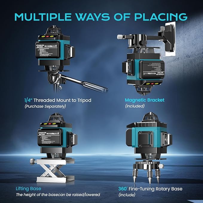 16 Line Laser Level 360 Self Leveling, 4x360°Professional 4D Green Cross Line laser Level with 2 Batteries, Adjustable Brightness & Remote Control, for Tiling Floor Construction and Picture Hanging