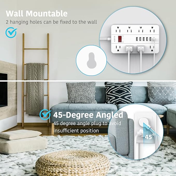 Power Strip Surge Protector with 6 USB (1USB C) Ports,AOFO 5 ft Extension Cord Flat Plug with 8 Widely Spaced Outlets,Wall Mountable Charging Station for Phone Tablet Laptop Computer Multiple Devices