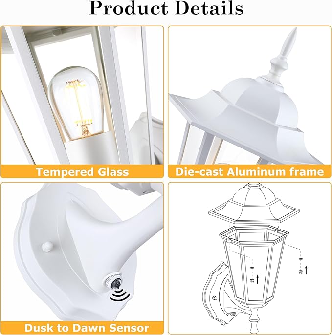 GRUENLICH Dusk to Dawn Outdoor Wall Sconce, Exterior Front Porch Lighting with Clear Glass, White Aluminum Outside Coach Light for Patio Doorway Garage, 1 Pack