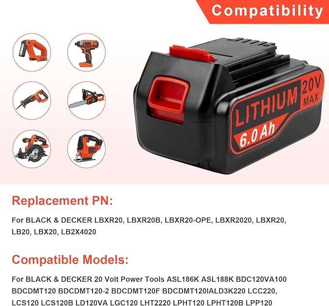 ARyee LB2X4020 6.0Ah 20V Lithium Battery for Black and Decker 20Volt Max LBXR20 LB20 LBX20 LBXR2020 LBX4020 LB2X4020-OPE LBXR20-OPE LBX4020 LST220 Cordless Power Drill Tools (2pcs 20V 6Ah Battery)