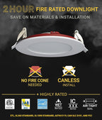 NUWATT 2 Hour Fire Rated Recessed Lighting 4 Inch Wafer LED Lights, 2700K/3000K/3500K/4000K/5000K Selectable, 12W, Dimmable 900LM, Wet & IC Rated, 90 CRI Canless Light, ETL, No Tenmat Needed, 6 Pack
