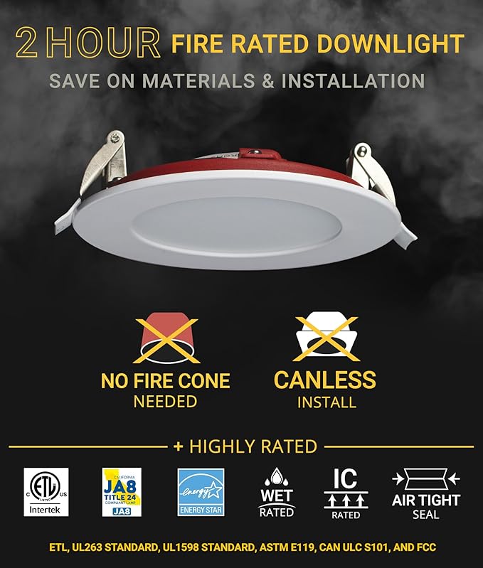 NUWATT 2 Hour Fire Rated Recessed Lighting 4 Inch Wafer LED Lights, 2700K/3000K/3500K/4000K/5000K Selectable, 12W, Dimmable 900LM, Wet & IC Rated, 90 CRI Canless Light, ETL, No Tenmat Needed, 6 Pack