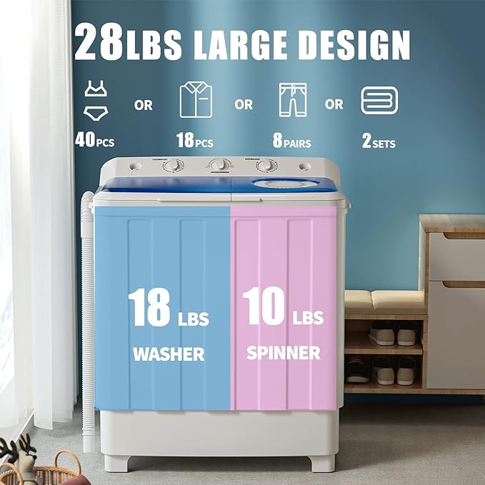 VCJ Portable Washing Machine, Twin Tub Washing Machine Laundry Compact Washer spinner Combo with 28lbs capacity, 18Lbs Washer and 10Lbs Spinner dryer for Apartments RVs and Dorms