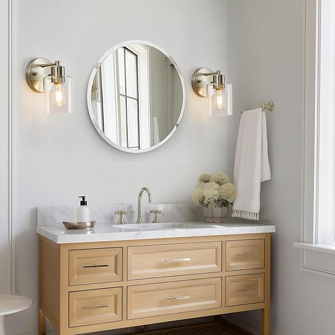 Wall Sconces for Bathroom, Brushed Nickel Vanity Light Fixtures, Modern Wall Mount Lighting Lanterns, Farmhouse Wall Lamps with Clear Glass Shade for Bedroom Living Room Mirror Hallway Porch(2PACK)