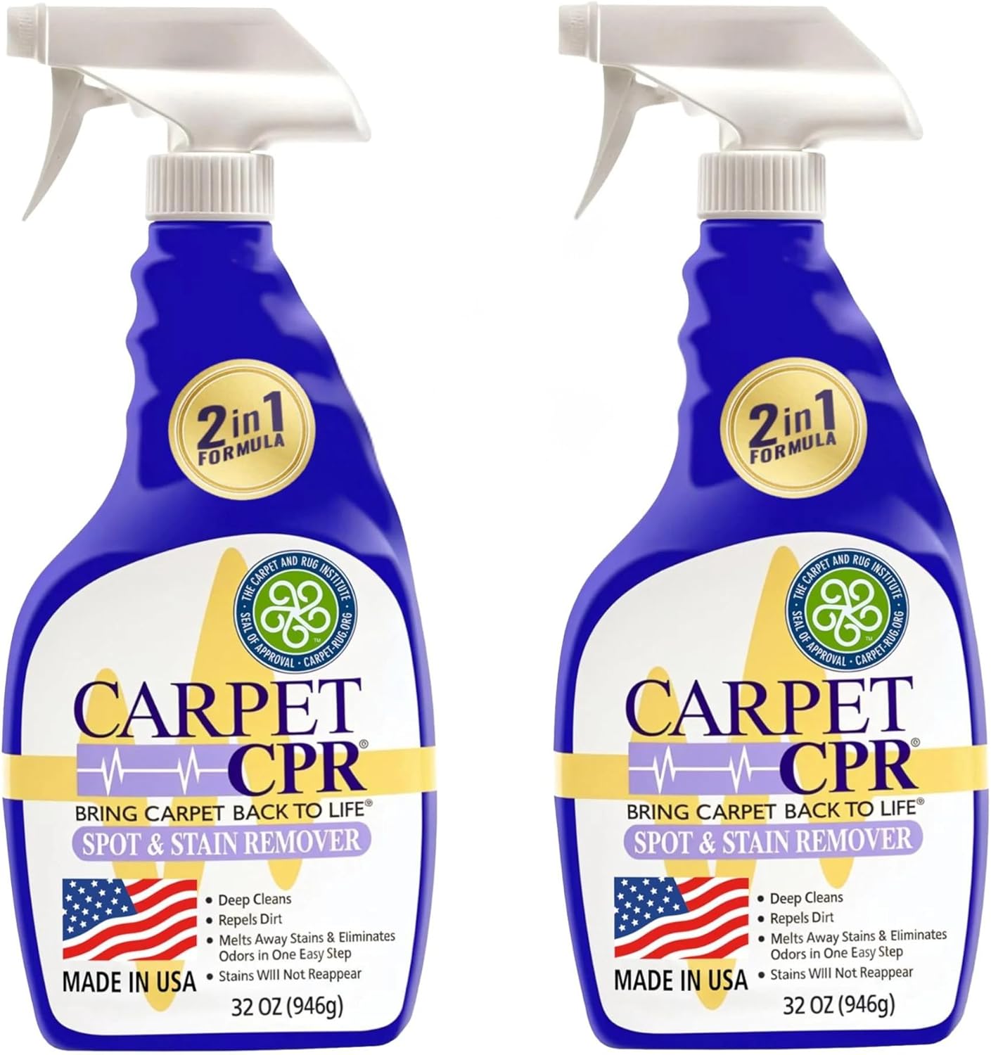 Carpet CPR Spot & Stain Remover Spray – Heavy Duty Carpet Cleaner for Pet Messes, Coffee & Tough Stains (32 Fl Oz (Pack of 2))