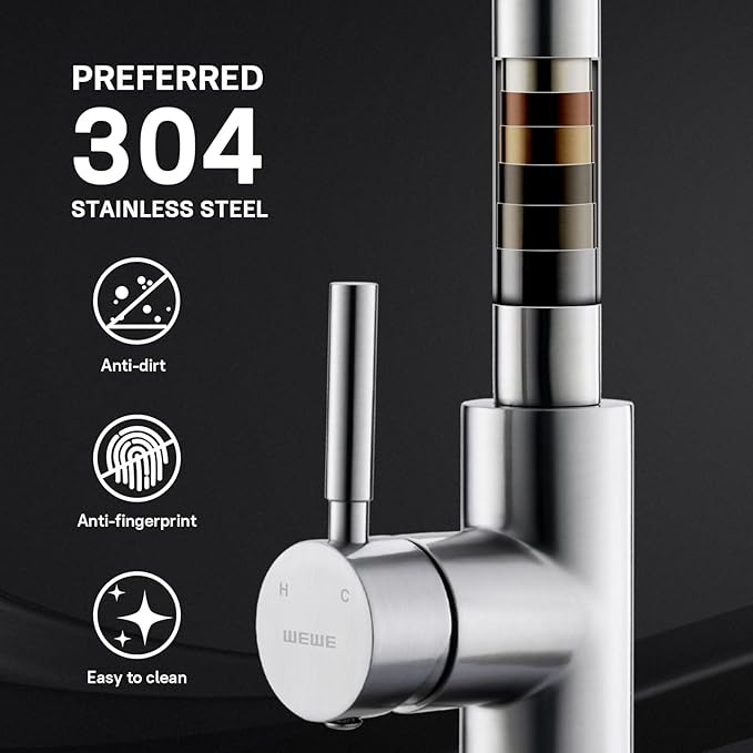 WEWE Single Handle High Arc Brushed Nickel Pull Out Kitchen Faucet,Single Level Stainless Steel Kitchen Sink Faucets with Pull Down Sprayer,Suitable for Laundry Rv Bar