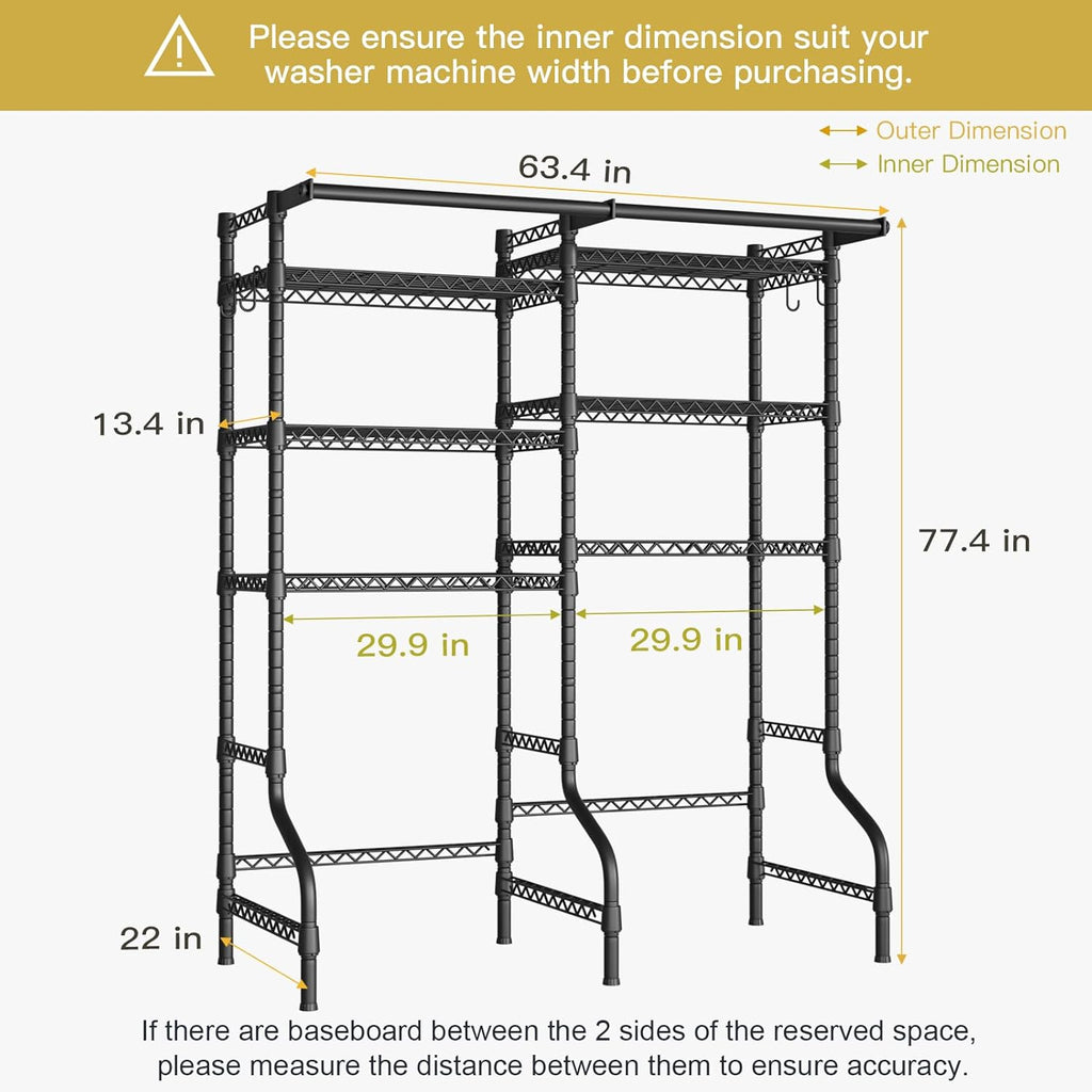 Ulif U13 Over Washer and Dryer Storage Shelves, 6 Tiers Laundry Room Standing Shelf with 2 Hanger Rods, Space Saver Clothes Drying Rack, 63.4" W x 22" D x 77.4" H, Black