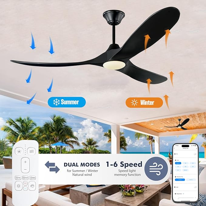 60 inch Black Ceiling Fan with Lights, Outdoor Ceiling Fans for Patios Damp Rated, Large Airflow Smart Propeller Ceiling Fan Modern Wooden Ceiling Fans for Commercial Indoor Exterior House Porch