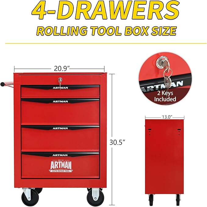 4-Drawer Steel Rolling Tool Cart with Wheels & Handle, Heavy-Duty Tool Chest Storage Cabinet for Garage and Workshop