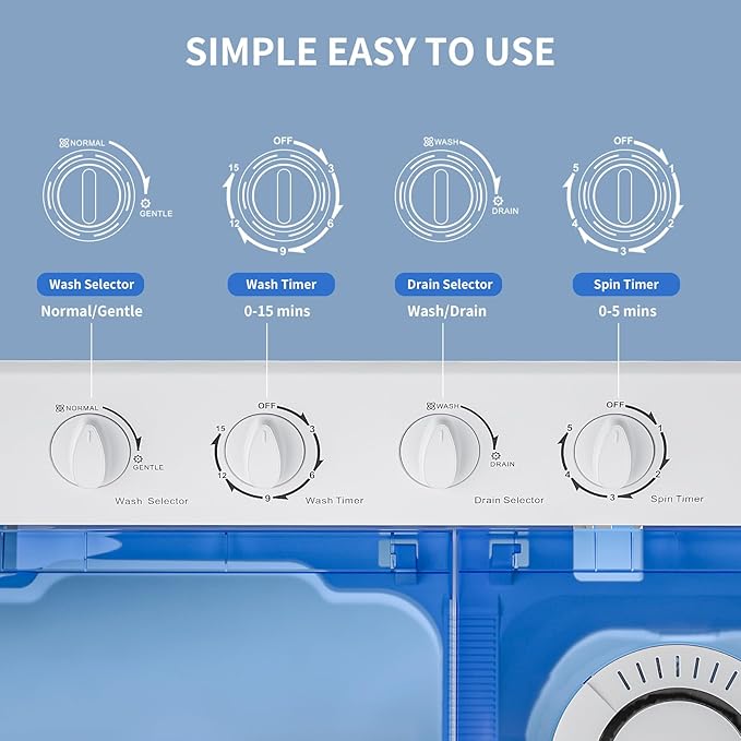 Zynkez Portable Washing Machine, 40Lbs Compact Washing machine, Twin Tub Laundry Washer Machine with Built-in Drain Pump, Semi-Automatic 24Lbs Washer and 16Lbs Spinner Combo for Apartments, Dorms, RVs