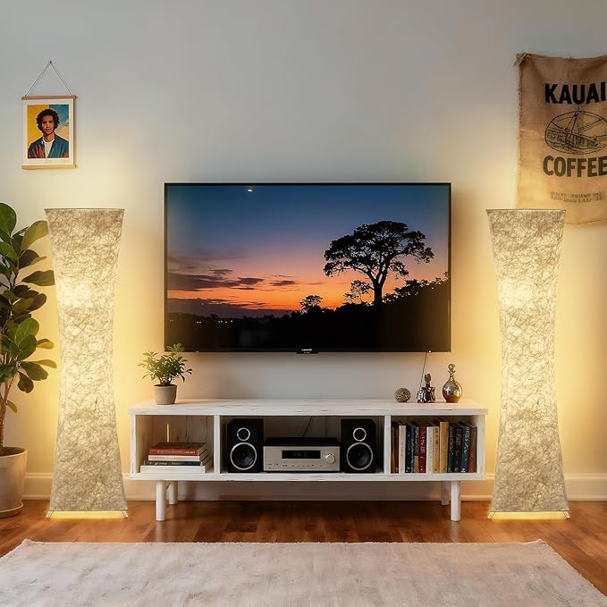 GyroVu Floor Lamp for Living Room, 47“ 3-Color Temperature Standing Corner Floor Lamps, Modern Column Floor Light with White Fabric Shade for Bedroom, Home Office, Kids Room, 2 Bulbs Include