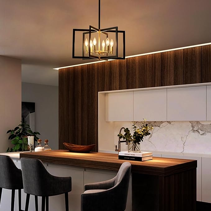 Black and Gold Chandelier 6-Light, Dining Room Light Fixture Geometric Metal Modern Chandelier Lighting for Kitchen Island Living Room Entryway, 20 Inch Pendant Lighting Hanging Ceiling Lamp