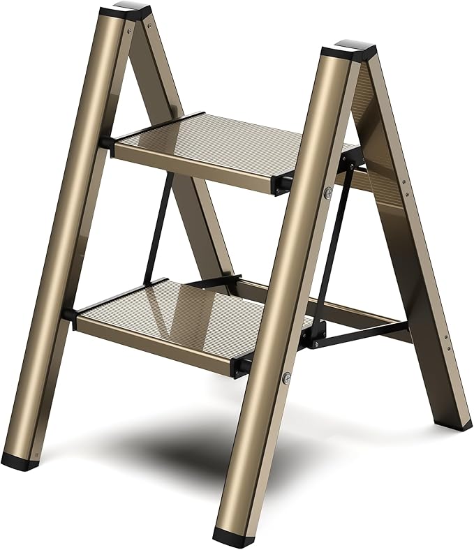 GameGem 2 Step Ladder, Folding Step Stool with Wider Pedal, Anti-Slip Feet & Non Slip Stripes, Aluminum Sturdy Material, 300Lbs Capacity, Elegant Look of Champagne Gold Better Matches Your Home