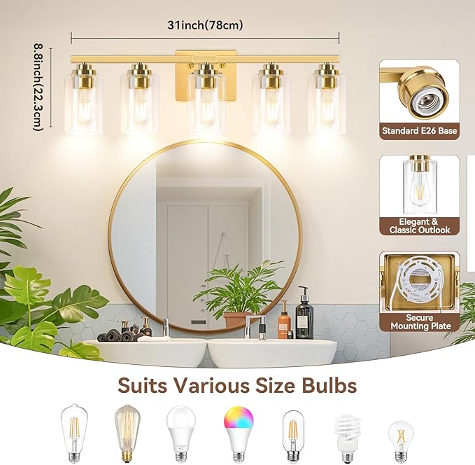 5-Light Gold Bathroom Light Fixtures, 31" Modern Vanity Lights Over Mirror with Clear Glass Shades,Brushed Gold Wall Light Fixture for Bathroom Mirror Bedroom Porch, Hardwired Wall Sconces