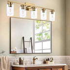 5 Light Bathroom Vanity Light Fixtures, Brushed Brass Modern Wall Lights with Clear Glass Shade, Vintage Wall Sconce Lighting for Living Room, Mirror, Bedroom, Hallway (Gold, 5-Lights)