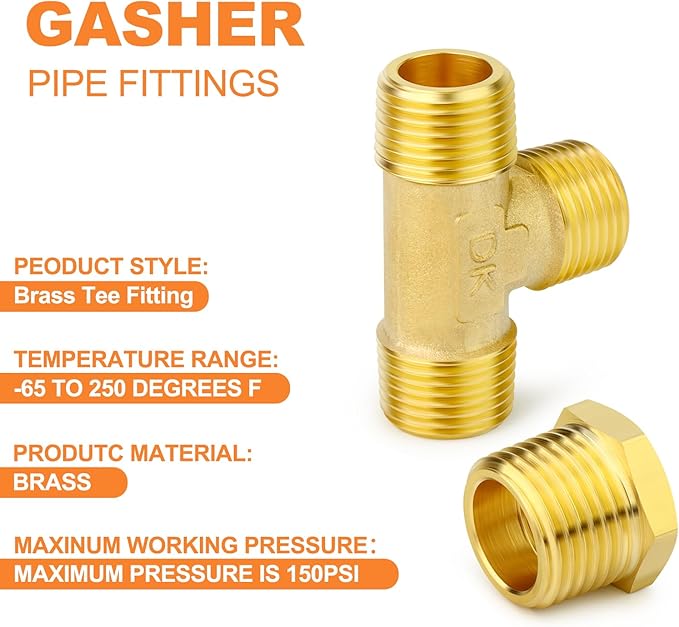 GASHER 2PCS Brass Male Tee Pipe Fitting T Adapter, 3 Way Brass Fitting 1/2" x 1/2" x 1/2" NPT T Fitting