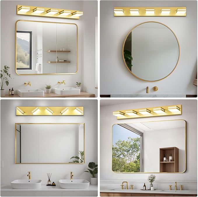 Modern LED Bathroom Lights Fixtures(5-Light),Metal Gold Acrylic Wall Lighting,Vanity Lights for Bathroom Over Mirror(6000k 34In)