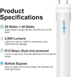 T8 LED Tube Light Bulbs 4 Foot 20W 40W Equivalent, 6000K Cool White 2000LM, T8 T10 T12 Fluorescent Replacement, Dual-end Powered Ballast Bypass, Frosted Cover ETL Listed for Garage 10-Pack