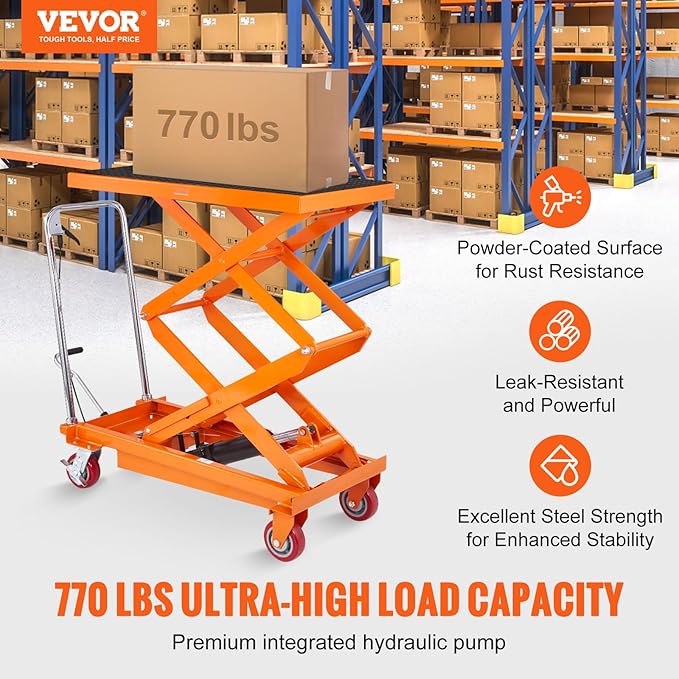 VEVOR Hydraulic Lift Table Cart, 1760lbs Capacity 59" Lifting Height, Manual Double Scissor Lift Table with 4 Wheels and Non-Slip Pad, Hydraulic Scissor Cart for Material Handling and Transportation