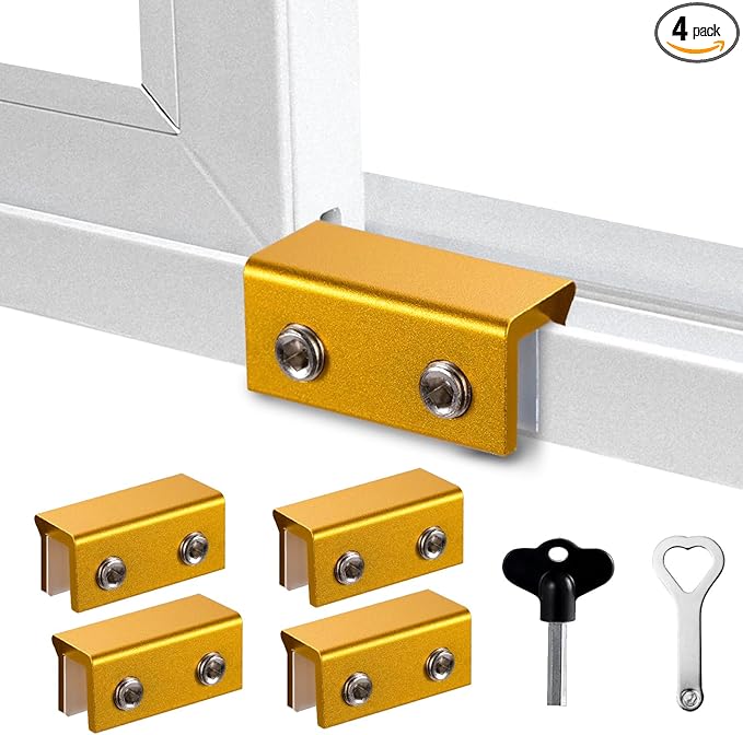 Window Locks for Up and Down Windows 4 Pack Window Stopper Sliding Window Lock for Vertical Horizontal Sliding Windows Doors with Key Aluminum Window Security Locks Child Proof(Golden Large)