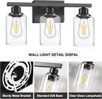 3-Light Bathroom Light Fixtures, Black Bathroom Vanity Light with Clear Glass Shade, Modern Bathroom Wall Lights Over Mirror, Farmhouse Wall Sconces Lighting for Bedroom LivingRoom