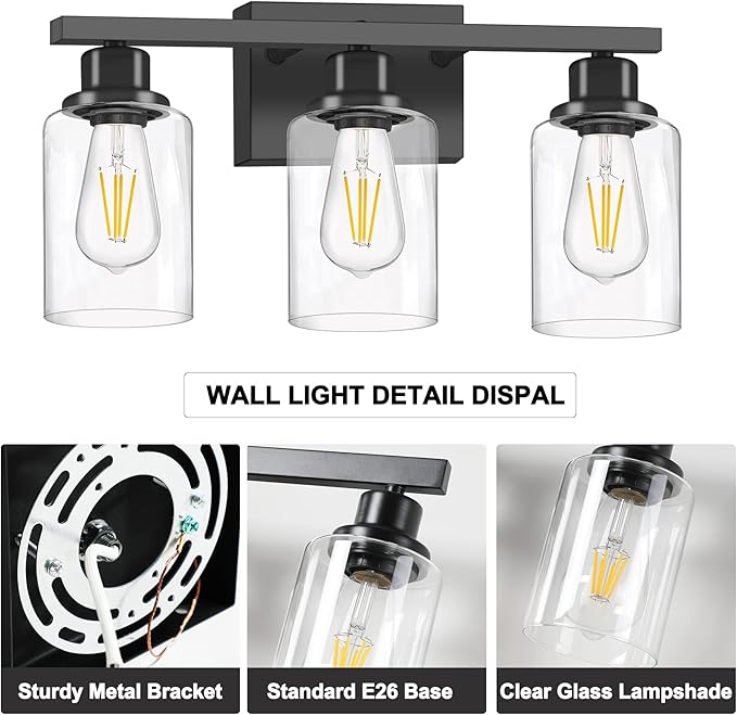 3-Light Bathroom Light Fixtures, Black Bathroom Vanity Light with Clear Glass Shade, Modern Bathroom Wall Lights Over Mirror, Farmhouse Wall Sconces Lighting for Bedroom LivingRoom