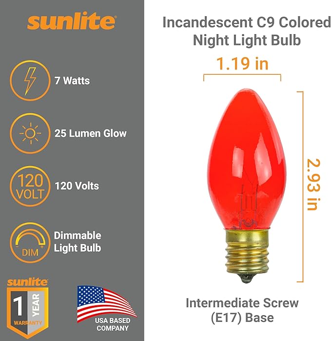 Sunlite 7C9/TR Incandescent 7-Watt, Intermediate Based, C9 Night Light Colored Bulb, Transparent Red, 25 Pack