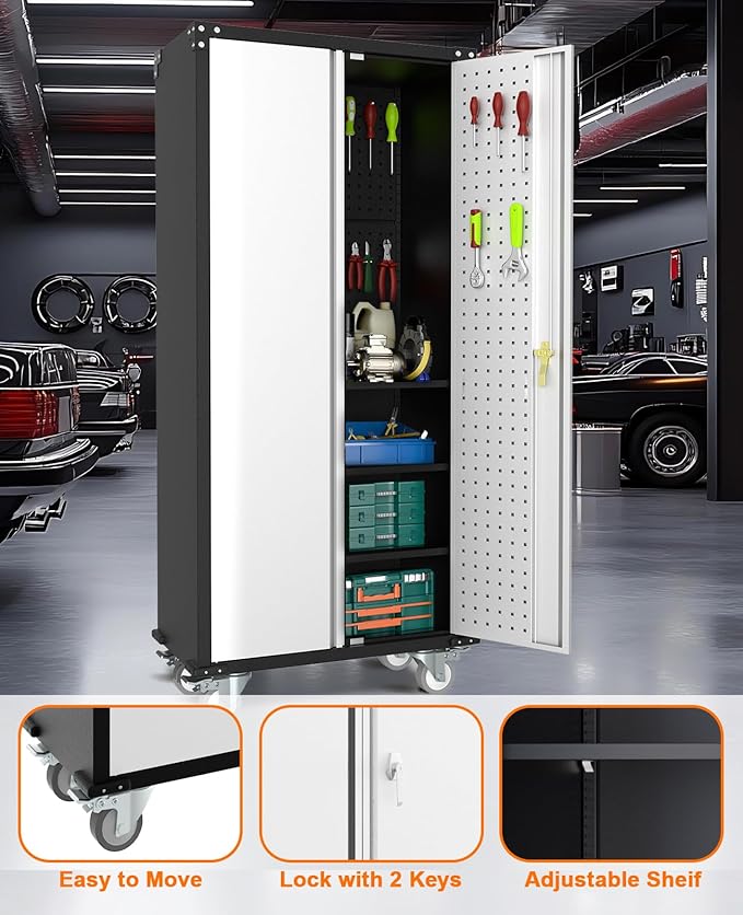 GarveeHome 72 in Steel Rolling Tool Cabinet with Lock | Heavy-Duty Garage Storage w/ 4 Adjustable Shelves & Pegboard | Industrial Organizer for Workshop Home