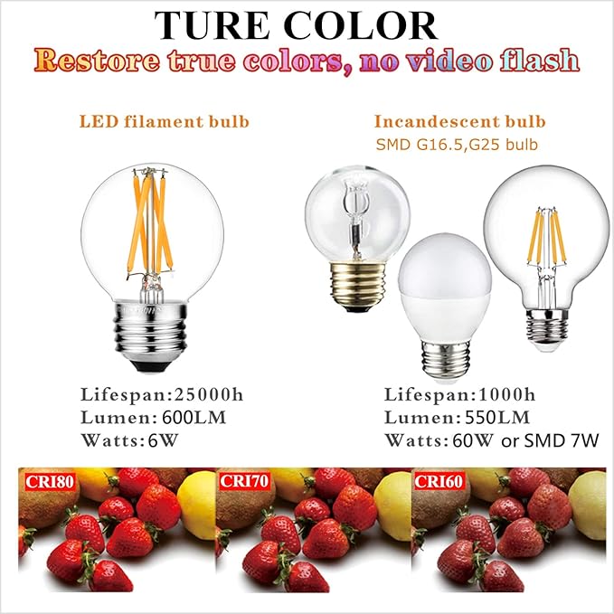 LiteHistory Dimmable E26 Edison Bulb G16.5 Light Bulb 6W Equal 60 watt Light Bulb AC120V Warm 2700K E26 led Bulb for Pendant,Chandeliers,Vanity,Wall sconces Edison Light Bulbs 60 Watt 600lm 6Pack