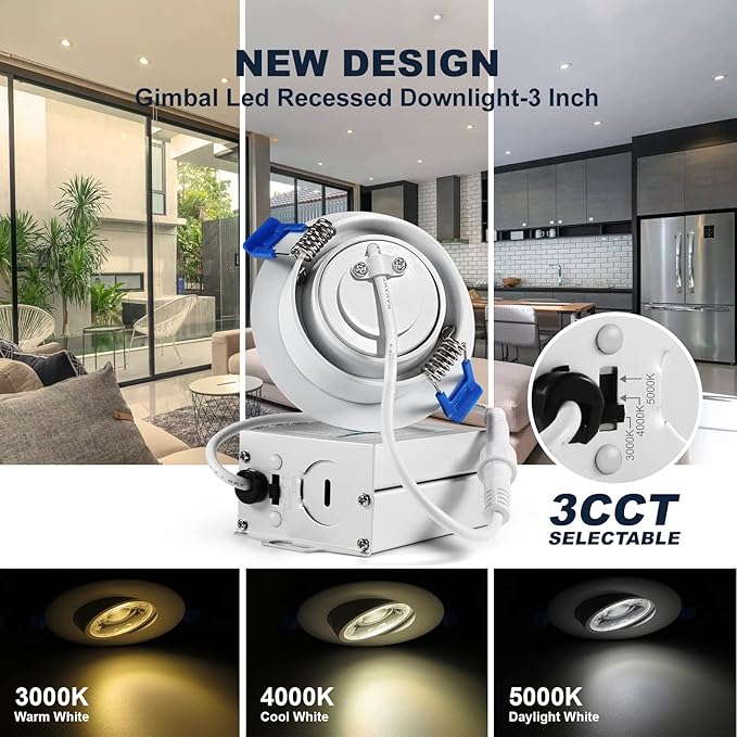 Sublimation 3 Inch led recessed Light 1 Packs,Waterproof recessed Lights for Shower，Ultra-Thin 10w with Junction Box,3 Colors Adjustable,Suitable for Bathroom,Parlor,Bedroom,Kitchen,Balcony