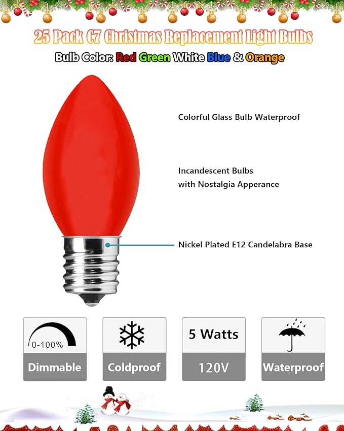 25 Pack C7 Christmas Light Bulbs, C7 Ceramic Multicolor Christmas Lights Replacement Bulb, E12 Candelabra Base Vintage Light Bulbs for Outdoor Xmas String Lights Nightlight Chandelier, 5 Watts