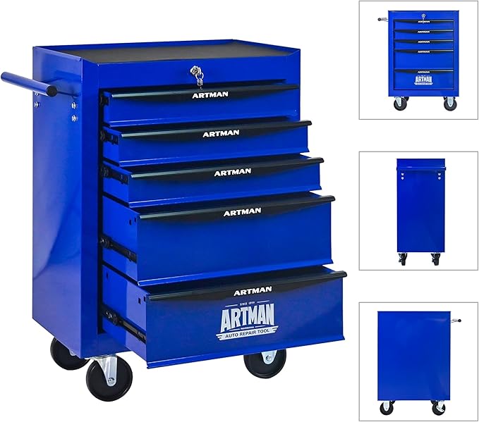 5-Drawer Steel Rolling Tool Cart with Wheels & Handle, Heavy-Duty Tool Chest Storage Cabinet for Garage and Workshop