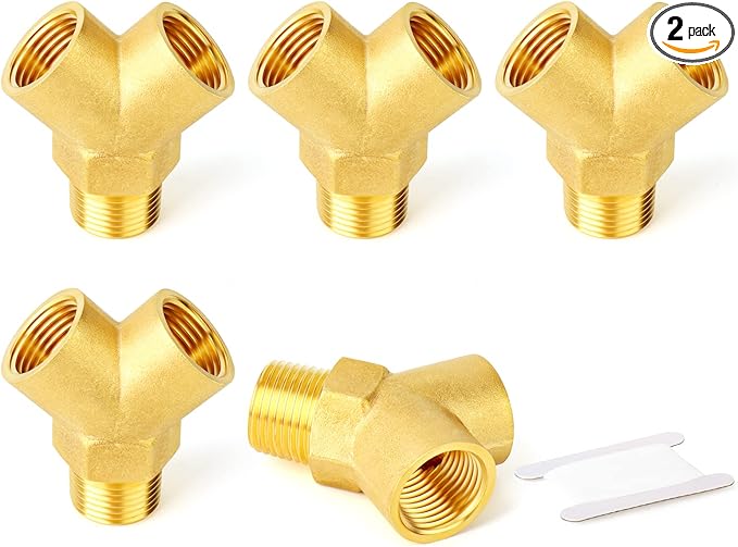 GASHER 2PCS Brass Pipe Fitting Male Branch Tee Y Adapter 3/8" NPT Female x 3/8" NPT Female x 3/8" NPT Male