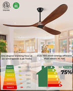 52" Ceiling Fans Without Lights, Solid Wood Ceiling Fan with Remote Control and DC Motor, Ceiling Fan no Light with 3 Blades, Indoor Outdoor Ceiling Fans for Patios, Bedroom- Dark Walnut