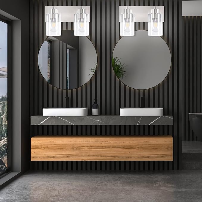 Bathroom Light Fixtures, 2-Light Brushed Nickel Bathroom Vanity Light, Modern Wall Sconces with Clear Glass Shade for Hallway Kitchen Foyer