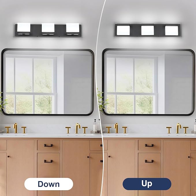 SineRise LED Modern Bathroom Vanity Light Fixtures (3-Light, 24-Inch,6000K), Matte Black Modern Acrylic Bathroom Wall Lighting Fixtures Over Mirror