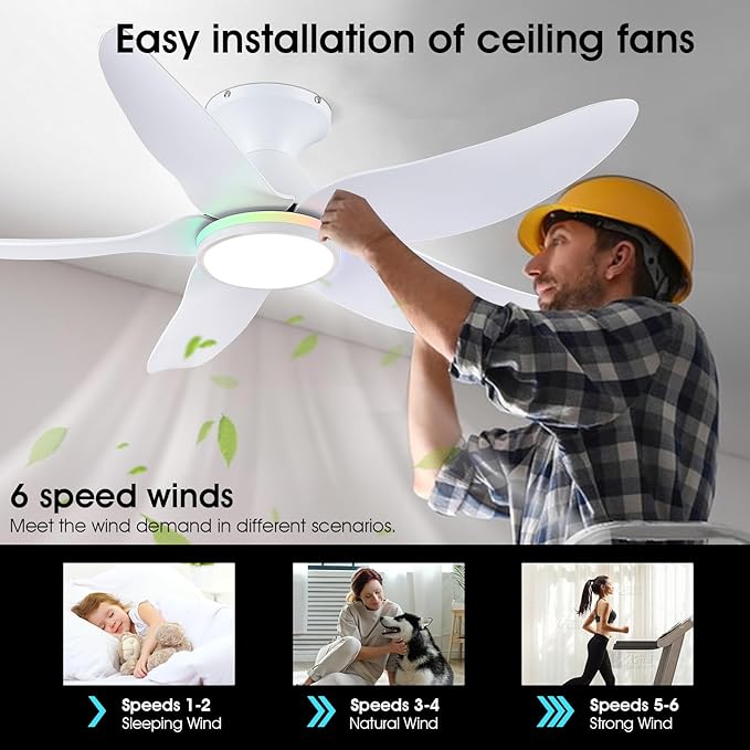 46" Ceiling Fans with Lights Remote/APP Control, Low Profile Ceiling Fans with Dimmable White Colors+Ring RGB Lights, 6 Speeds 5 Reversible Curved Blades for Kids Room Bedroom Living Room Bar, White
