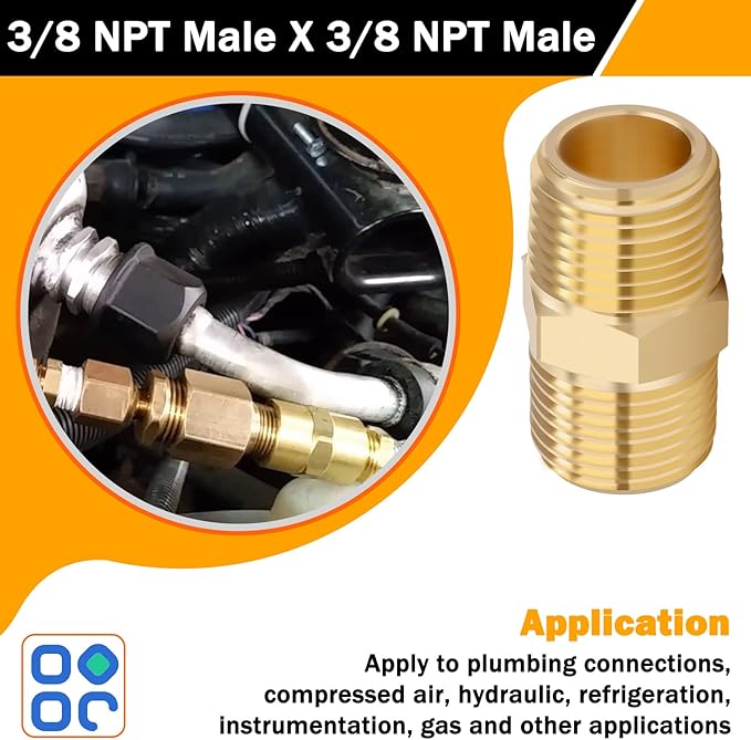 KOOTANS 3/8 NPT x 3/8 NPT Male Solid Brass Nipples Heavy Brass Pipe Adapter Fittings Equal Hex Nipple Connectors 4Pieces